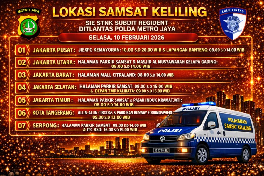 Informasi Samsat Keliling Polda Metro Jaya Selasa, 10 Februari 2026 ( Foto: Tutur/AI)