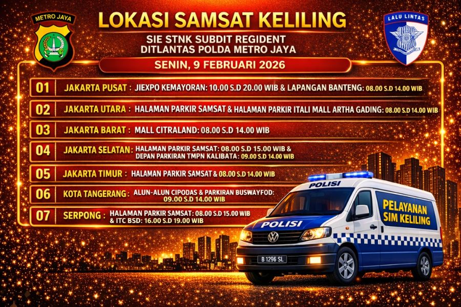 Informasi Samsat Keliling Polda Metro Jaya Senin, 9 Februari 2026 ( Foto: Tutur/AI)