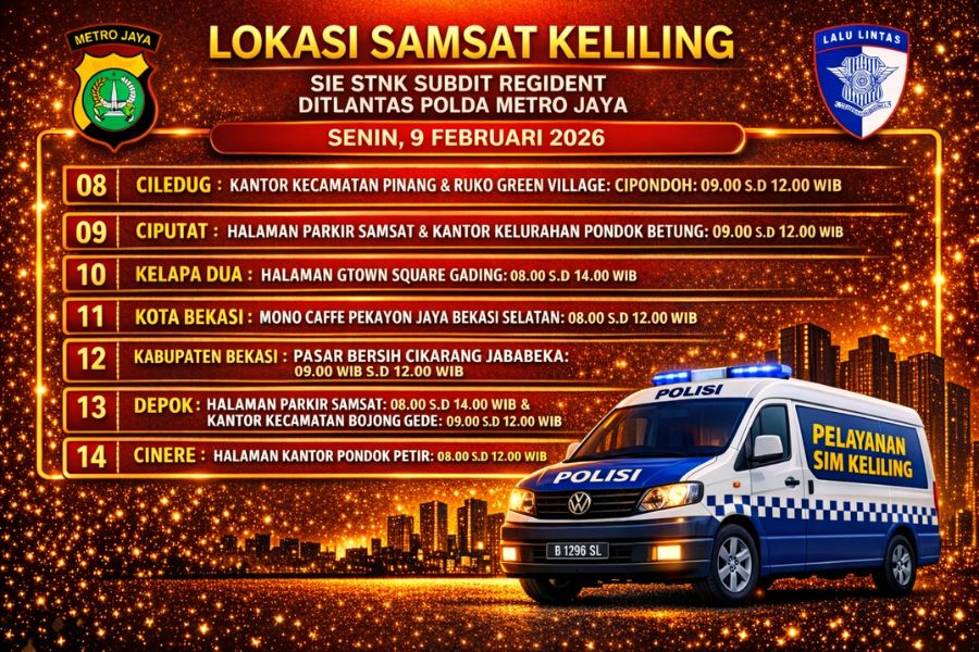 Informasi Samsat Keliling Polda Metro Jaya Senin, 9 Februari 2026 ( Foto: Tutur/AI)