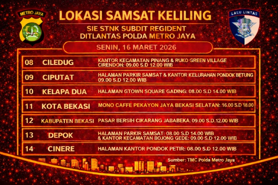 Informasi Samsat Keliling Polda Metro Jaya Senin, 16 Maret 2026 ( Foto: Tutur/Ilustrasi AI)