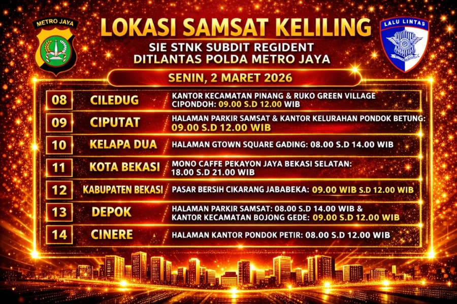 Informasi Samsat Keliling Polda Metro Jaya Senin, 2 Maret 2026 ( Foto: Tutur/AI)