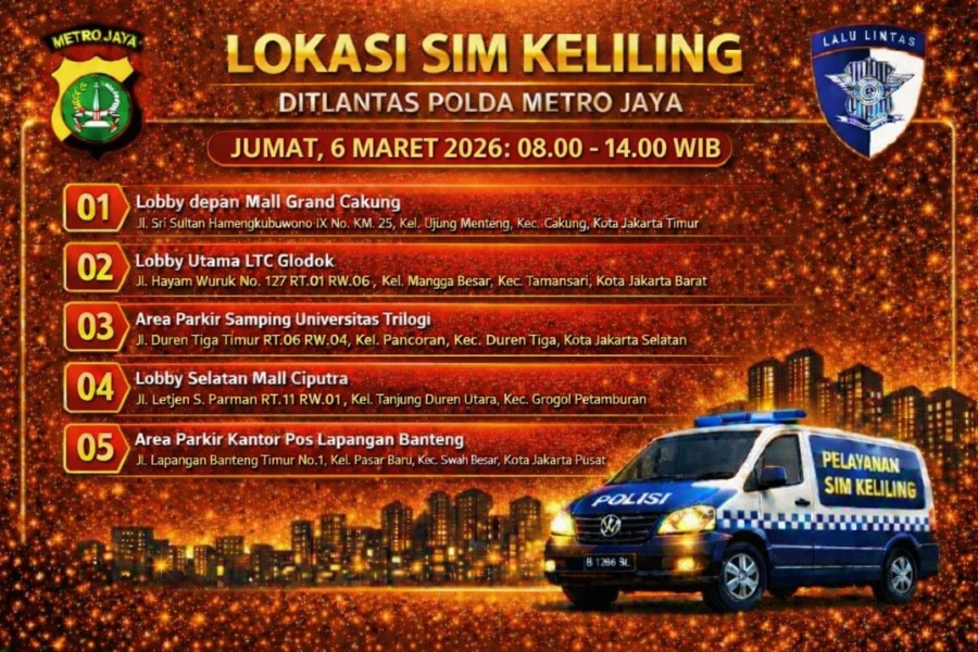 Informasi Samsat Keliling Polda Metro Jaya Jumat, 6 Maret 2026 ( Foto: Tutur/Ilustrasi AI)