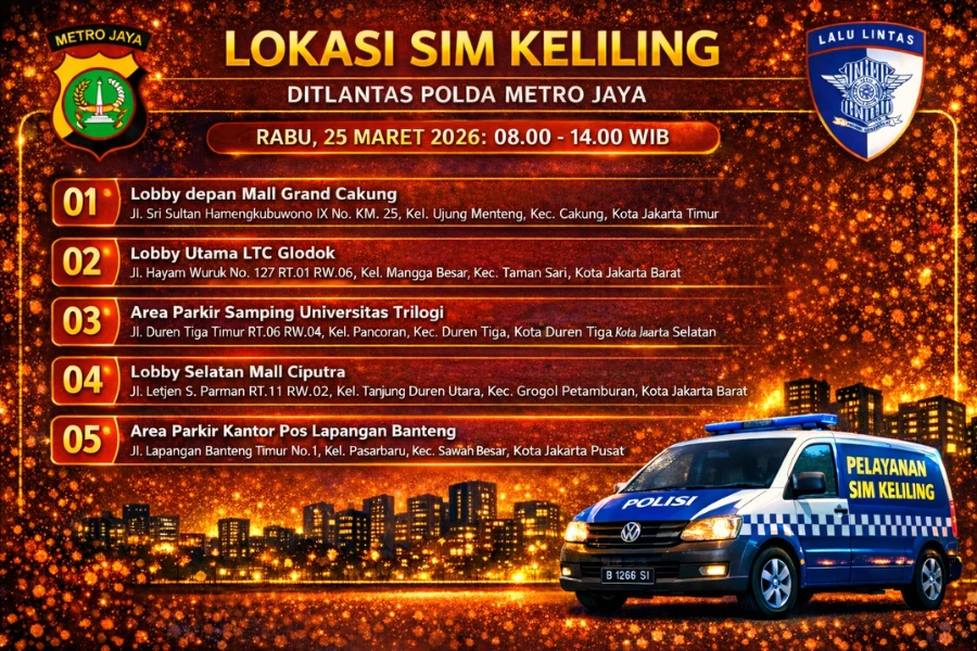 Informasi SIM Keliling Polda Metro Jaya Rabu, 25 Maret 2026 ( Foto: Tutur/Ilustrasi AI)