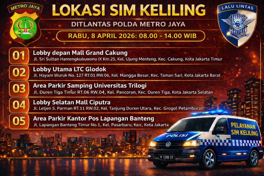 Informasi SIM Keliling Polda Metro Jaya Rabu, 8 April 2026 ( Foto: Tutur/Ilustrasi AI)
