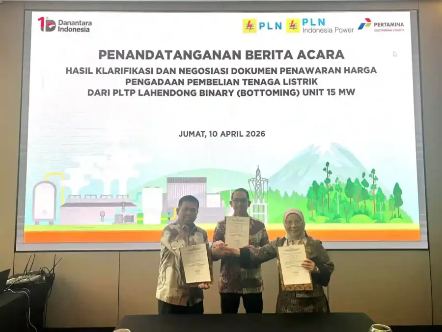 Konsorsium PT Pertamina Geothermal Energy Tbk (PGE) dan PT PLN Indonesia Power (PLN IP) mencapai kesepakatan tarif listrik dengan PT PLN (Persero) untuk pengembangan proyek Pembangkit Listrik Tenaga Panas Bumi (PLTP) Lahendong Bottoming Unit berkapasitas 15 megawatt (MW). (Foto: Tutur/ PGE)