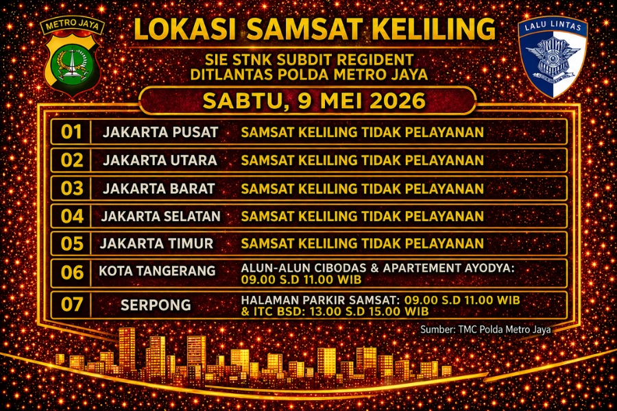 Informasi Samsat Keliling Polda Metro Jaya Sabtu, 9 Mei 2026 ( Foto: Tutur/Ilustrasi AI)