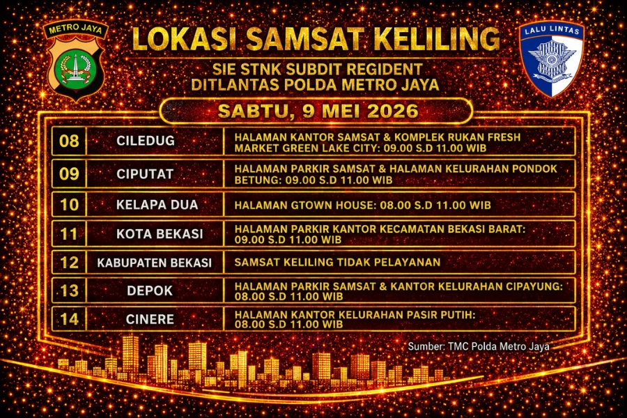 Informasi Samsat Keliling Polda Metro Jaya Sabtu, 9 Mei 2026 ( Foto: Tutur/Ilustrasi AI)