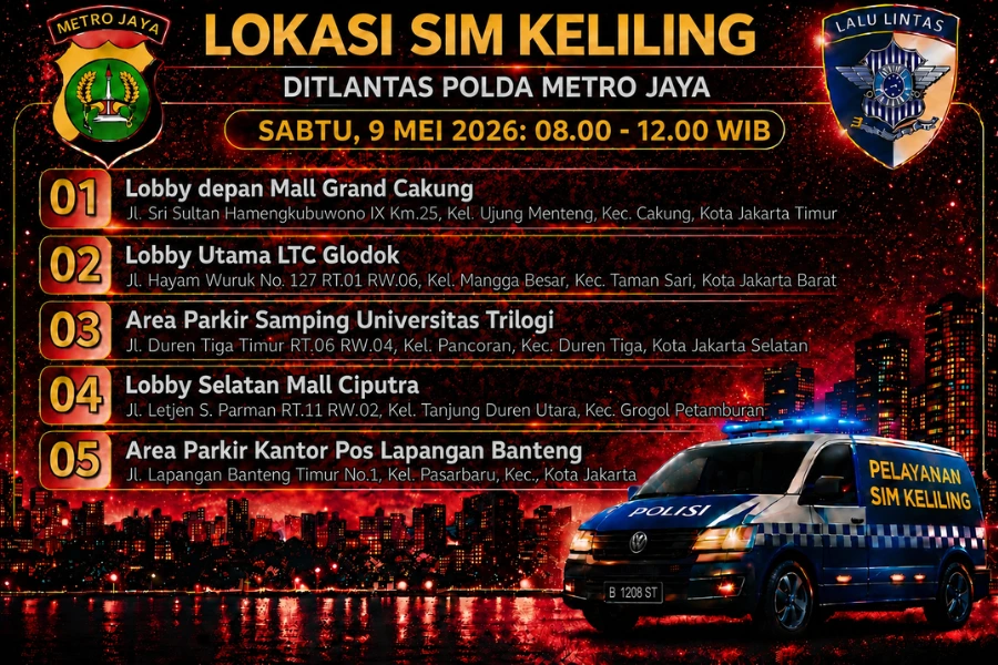 Informasi SIM Keliling Polda Metro Jaya Sabtu, 9 Mei 2026 ( Foto: Tutur/Ilustrasi AI)
