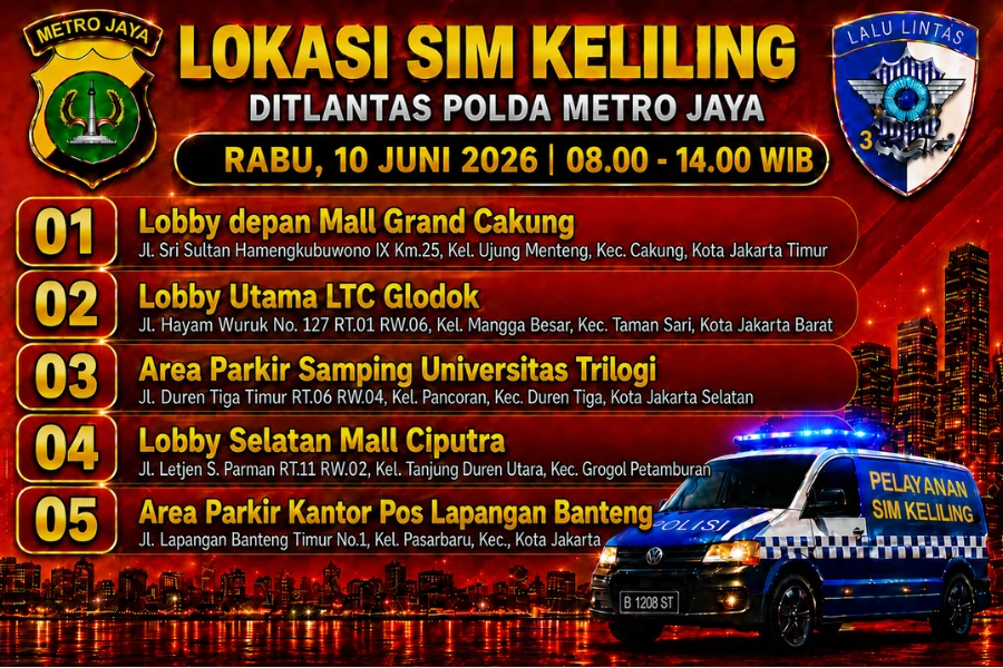 Informasi SIM Keliling Polda Metro Jaya Rabu, 10 Juni 2026 ( Foto: Tutur/Ilustrasi AI)