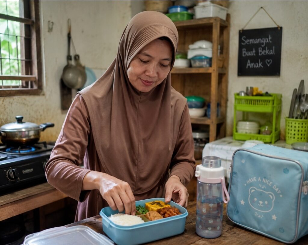Ilustrasi menyiapkan bekal anak (Foto: Tutur/Ilustrasi AI)